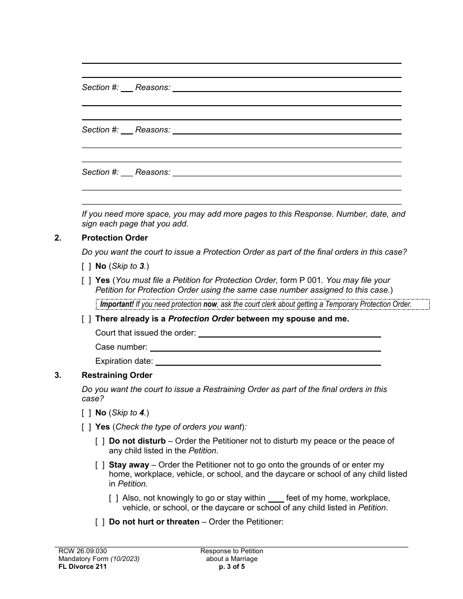 Form FL Divorce211 Response to Petition About a Marriage - Washington, Page 3