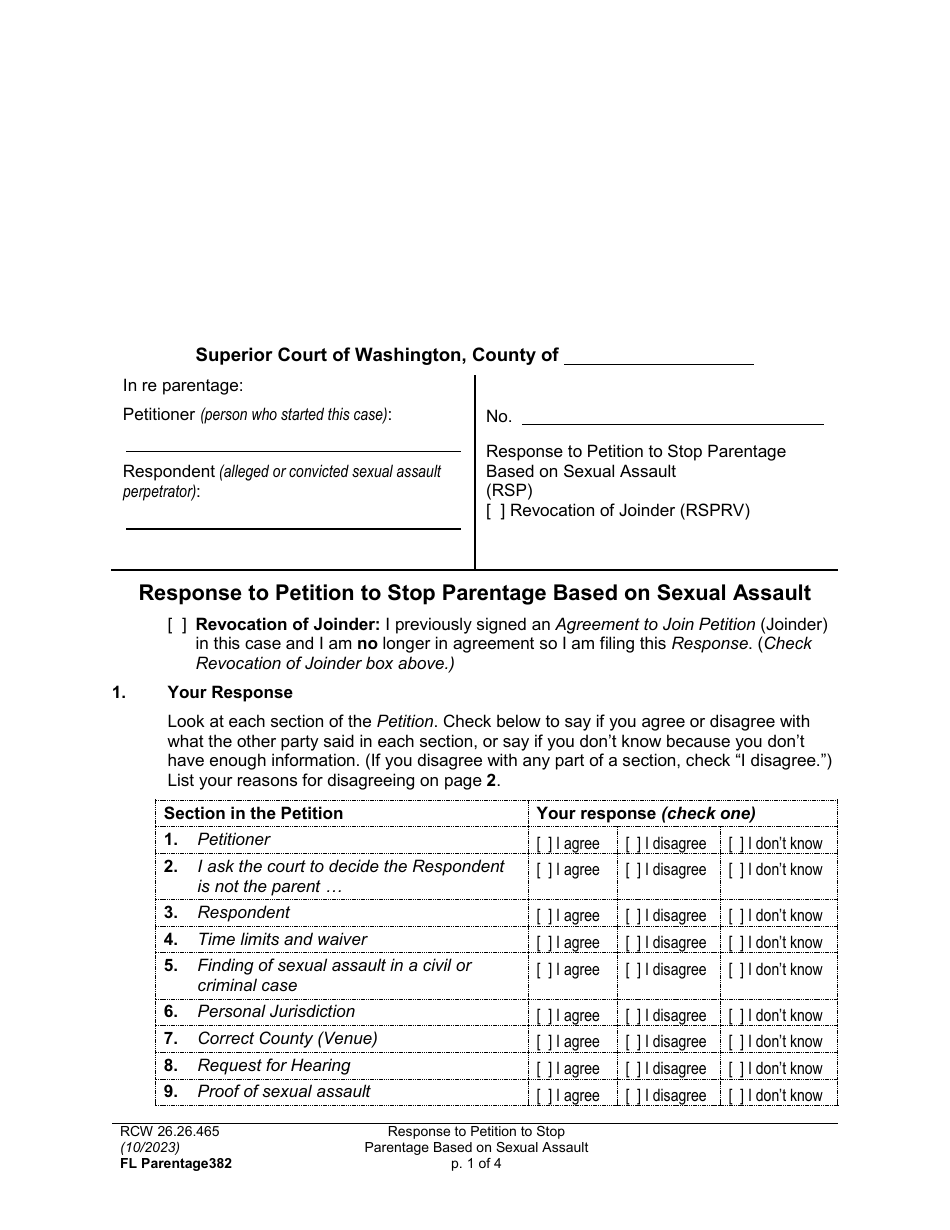 Form FL Parentage382 Response to Petition to Stop Parentage Based on Sexual Assault - Washington, Page 1