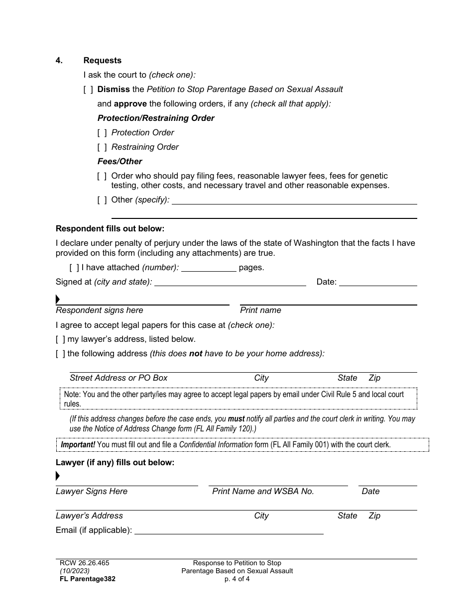 Form FL Parentage382 Response to Petition to Stop Parentage Based on Sexual Assault - Washington, Page 4