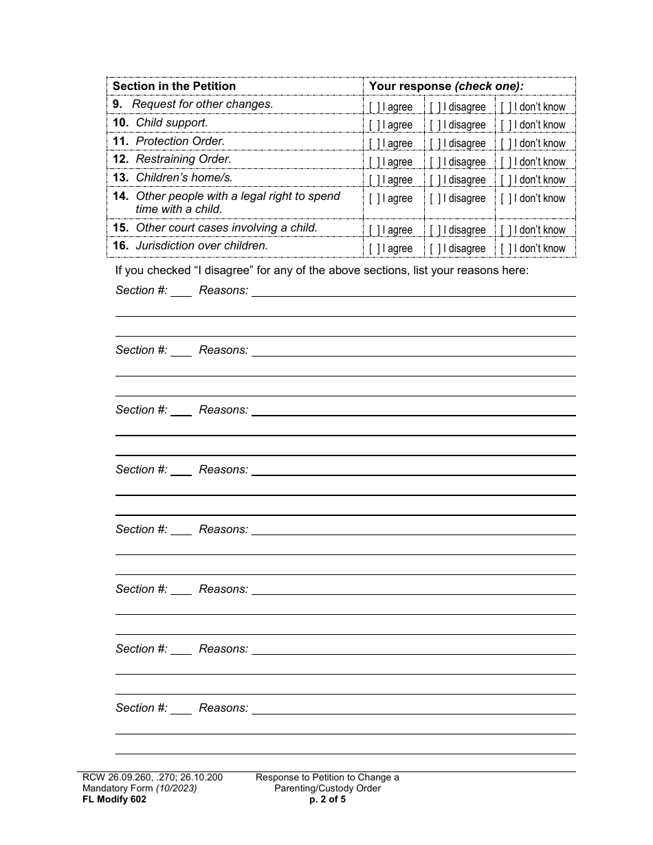 Form FL Modify602 Response to Petition to Change a Parenting Plan or Custody Order - Washington, Page 2