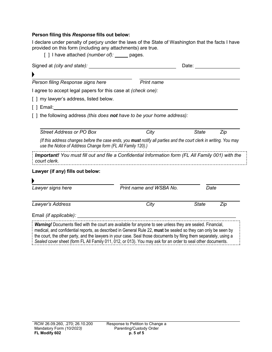 Form FL Modify602 Response to Petition to Change a Parenting Plan or Custody Order - Washington, Page 5