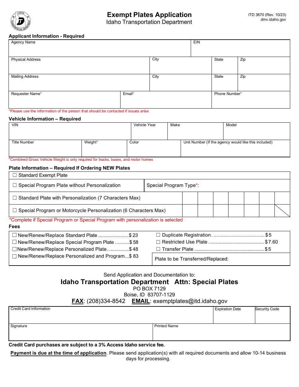 Form ITD3670 Download Fillable PDF or Fill Online Exempt Plates