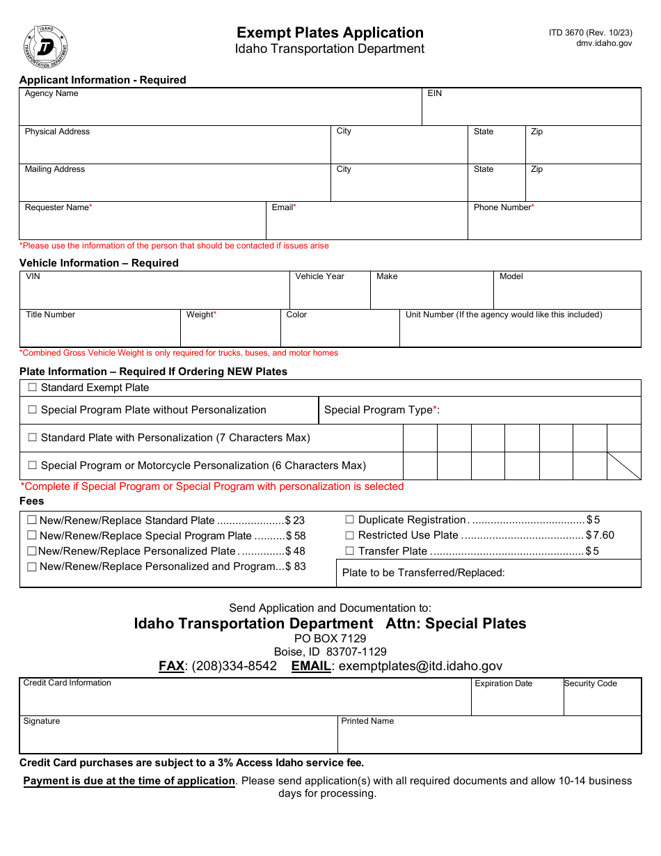 Form ITD3670 Exempt Plates Application - Idaho, Page 1
