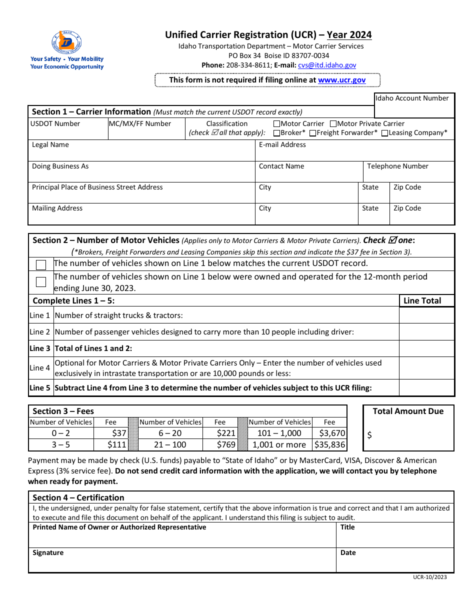 2024 Idaho Unified Carrier Registration (Ucr) Download Fillable PDF