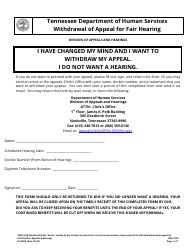 Document preview: Form HS-2908 Withdrawal of Appeal for Fair Hearing - Tennessee