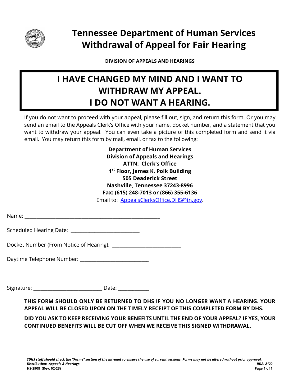 Form HS-2908 Withdrawal of Appeal for Fair Hearing - Tennessee, Page 1