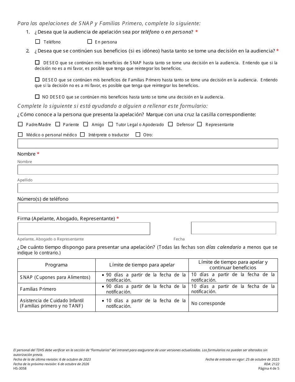 Formulario HS-3058 Solicitud Consolidada De Apelacion Del Departamento De Servicios Humanos De Tennessee Para Snap, Familias Primero Y Asistencia Para Cuidado Infantil - Tennessee (Spanish), Page 4