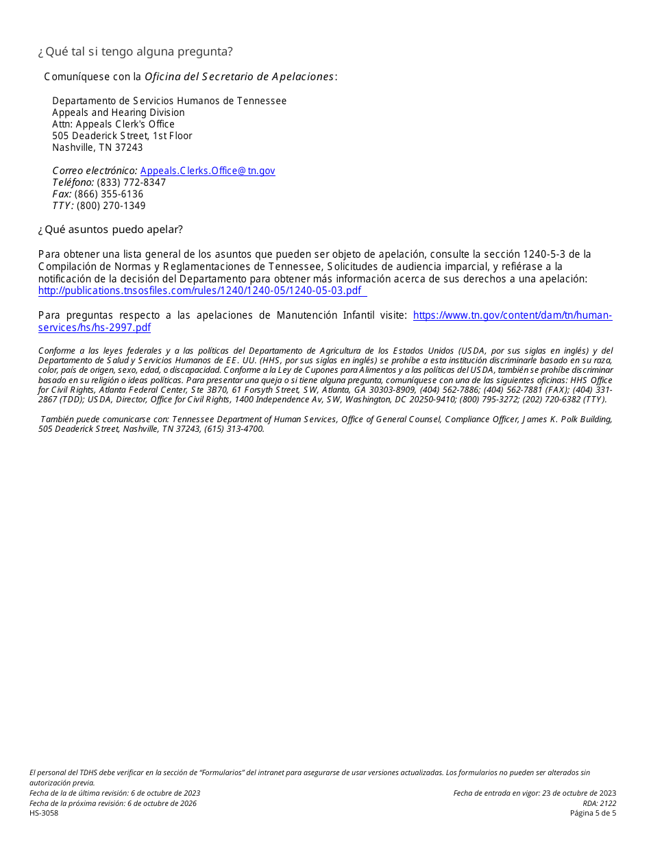 Formulario HS-3058 Solicitud Consolidada De Apelacion Del Departamento De Servicios Humanos De Tennessee Para Snap, Familias Primero Y Asistencia Para Cuidado Infantil - Tennessee (Spanish), Page 5