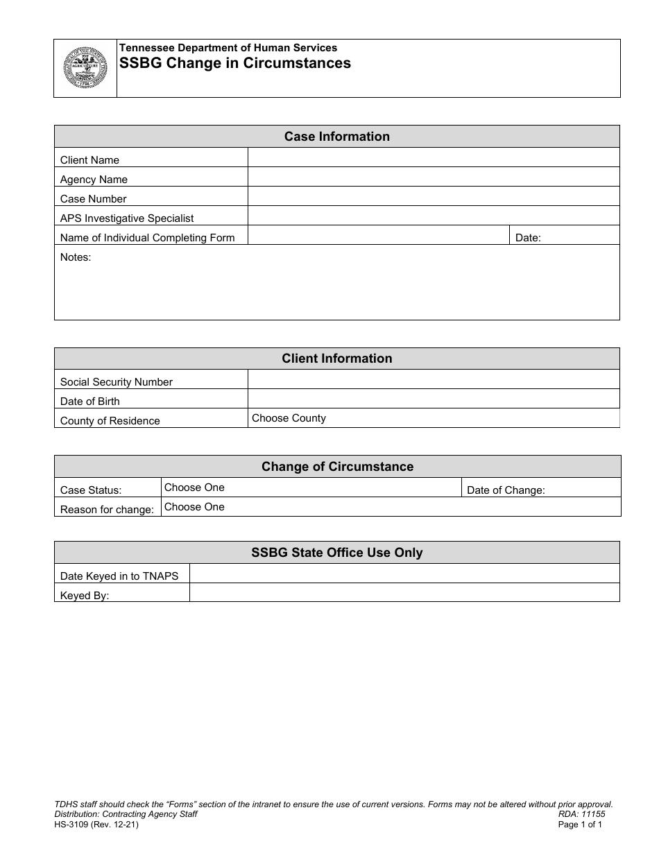 Form HS-3109 Ssbg Change in Circumstances - Tennessee, Page 1