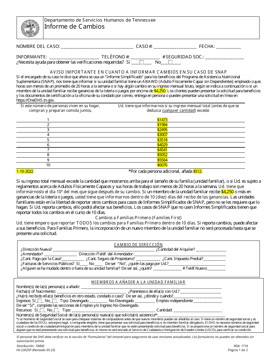 Formulario HS-2302SP Informe De Cambios - Tennessee (Spanish), Page 1