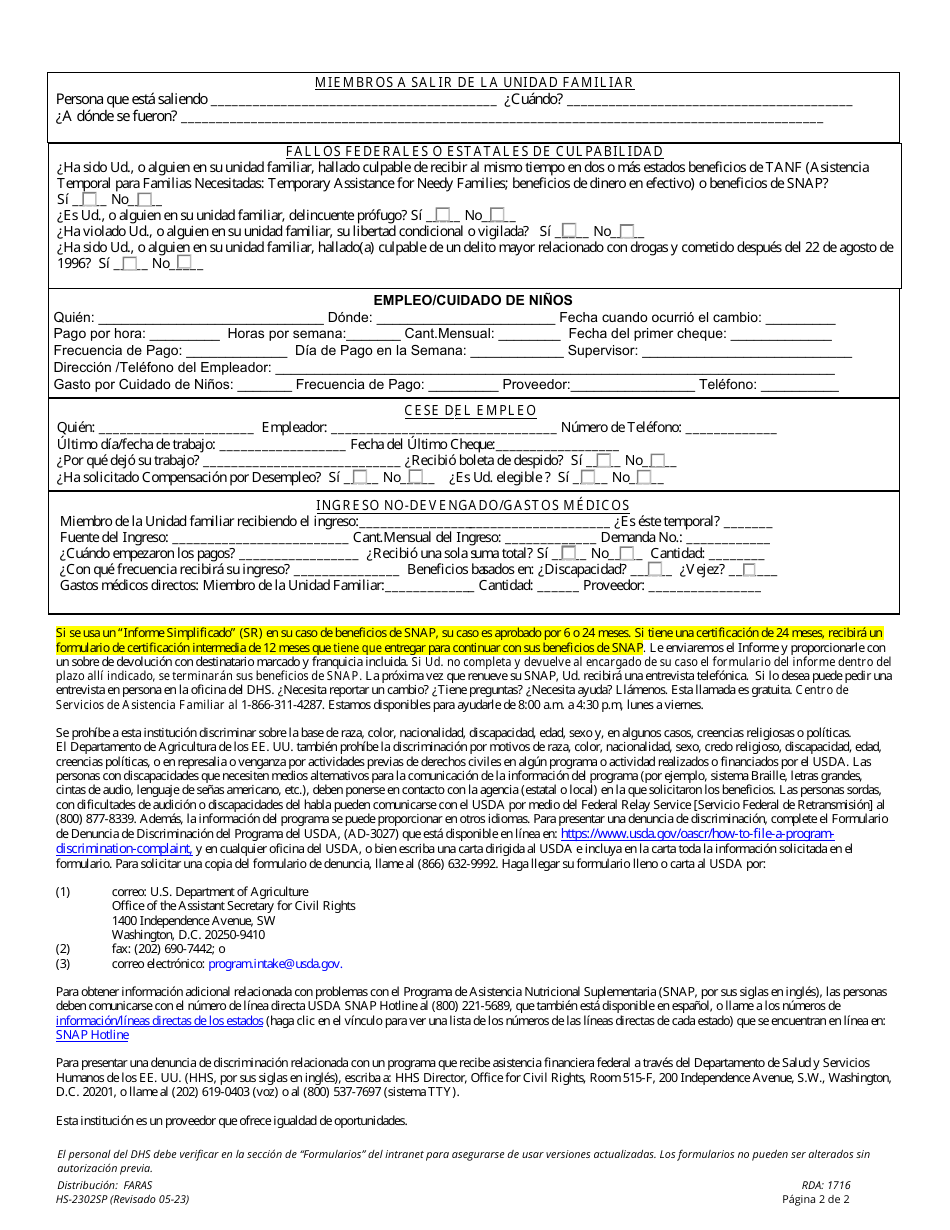 Formulario HS-2302SP Informe De Cambios - Tennessee (Spanish), Page 2