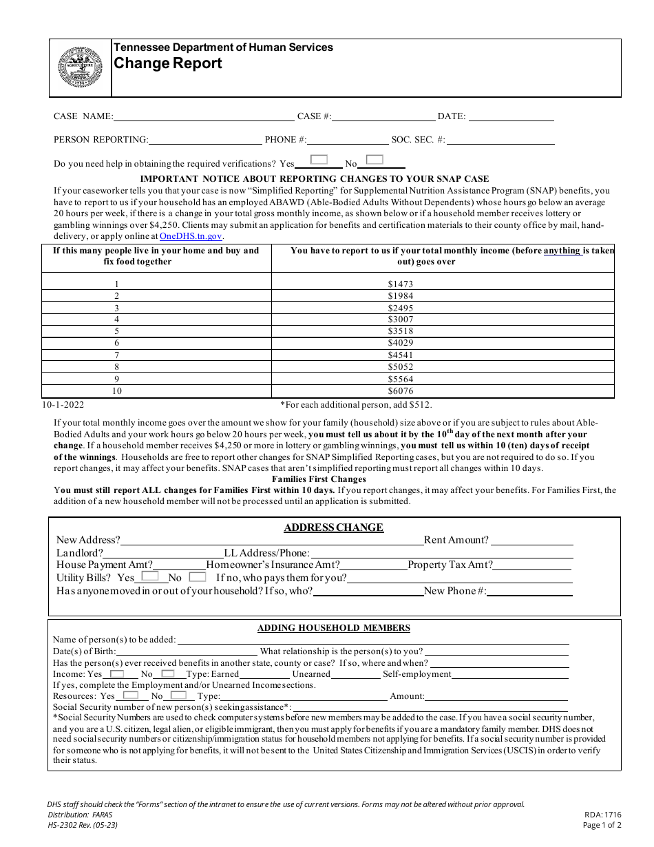 Form HS-2302 Change Report - Tennessee, Page 1