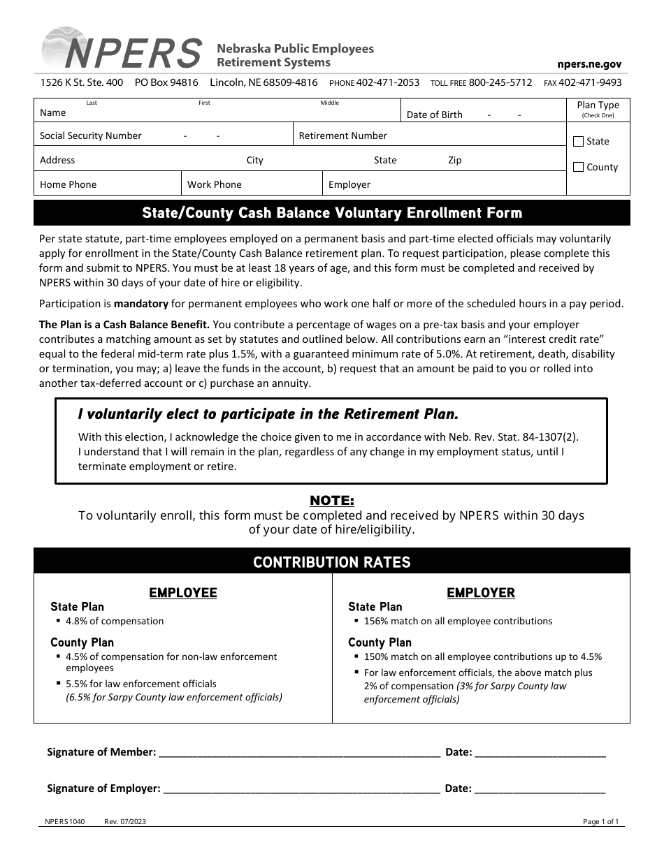 Form NPERS1040 State / County Cash Balance Voluntary Enrollment Form - Nebraska, Page 1