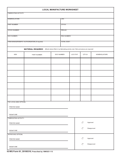 18 WG Form 61 Local Manufacture Worksheet