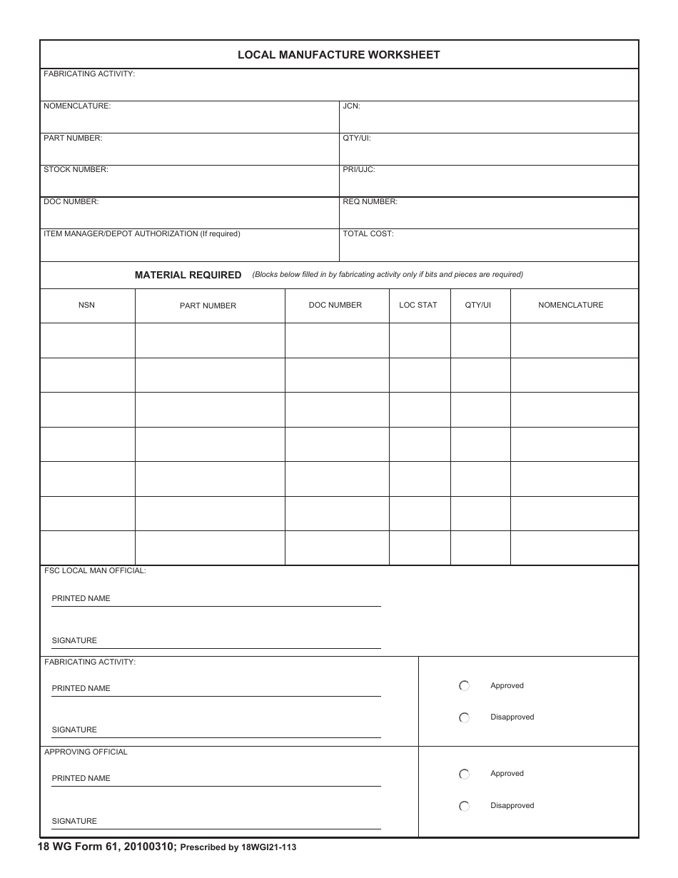 18 WG Form 61 Local Manufacture Worksheet, Page 1