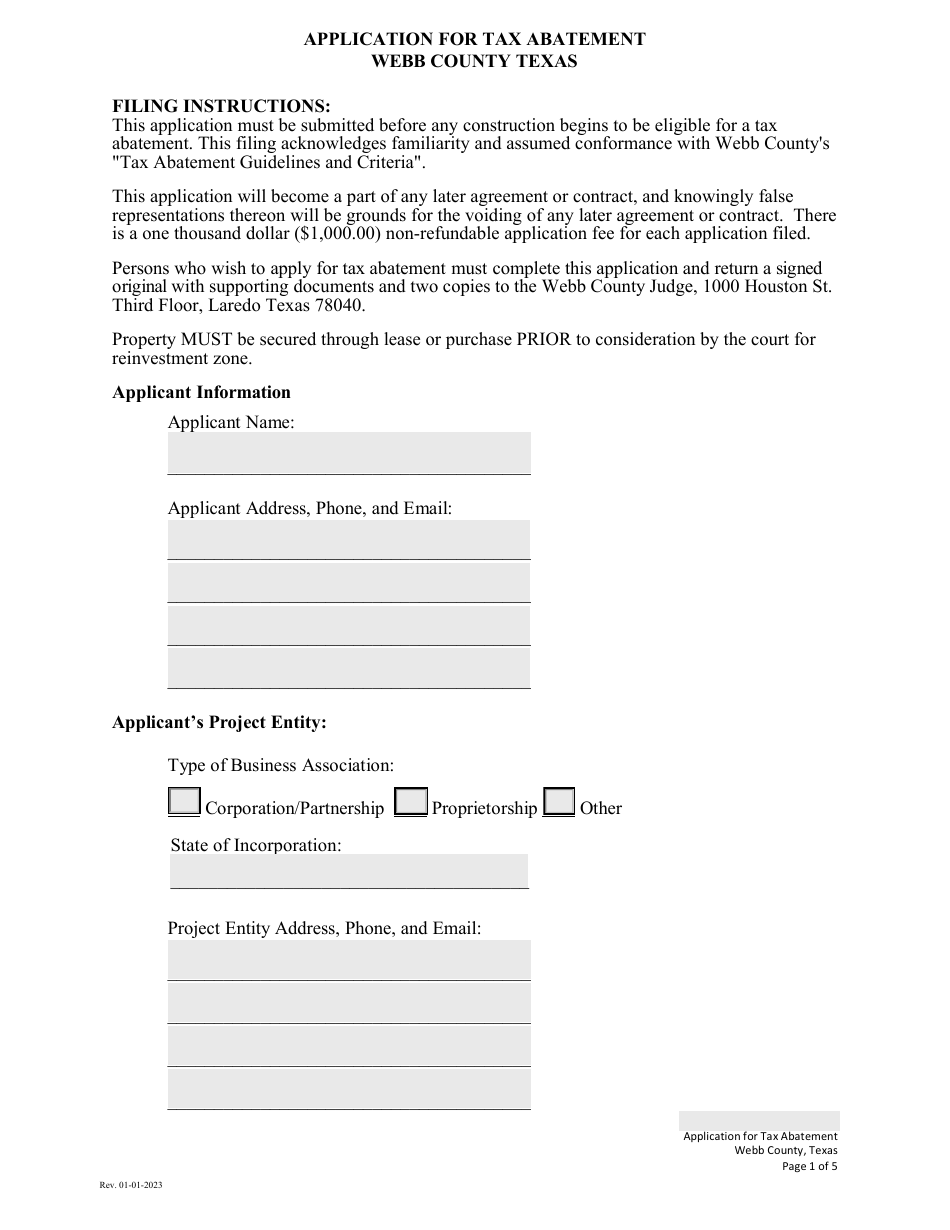Application for Tax Abatement - Webb County, Texas, Page 1
