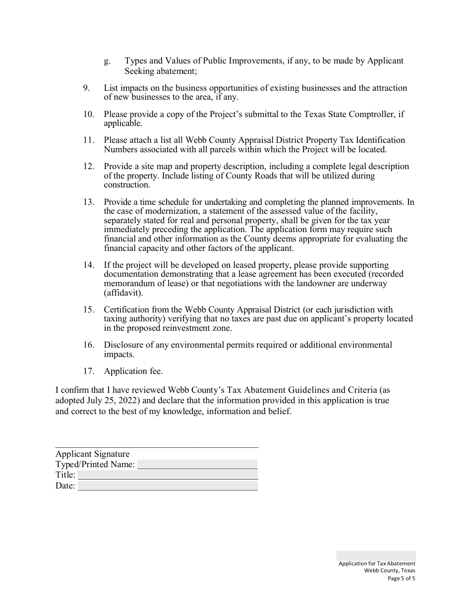 Application for Tax Abatement - Webb County, Texas, Page 5