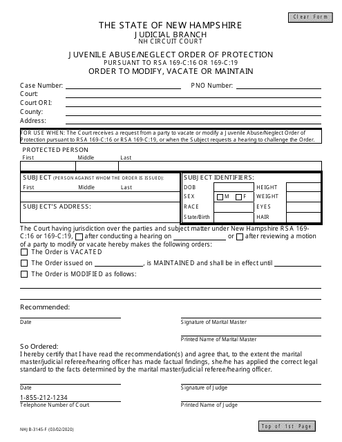 Form NHJB-3145-F Juvenile Abuse/Neglect Order of Protection - Amend/Vacate - New Hampshire