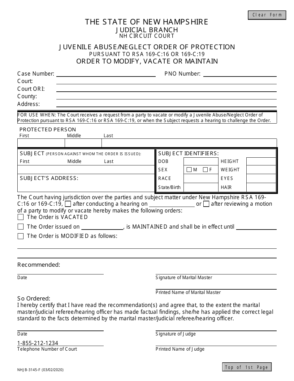 Form NHJB-3145-F Juvenile Abuse / Neglect Order of Protection - Amend / Vacate - New Hampshire, Page 1