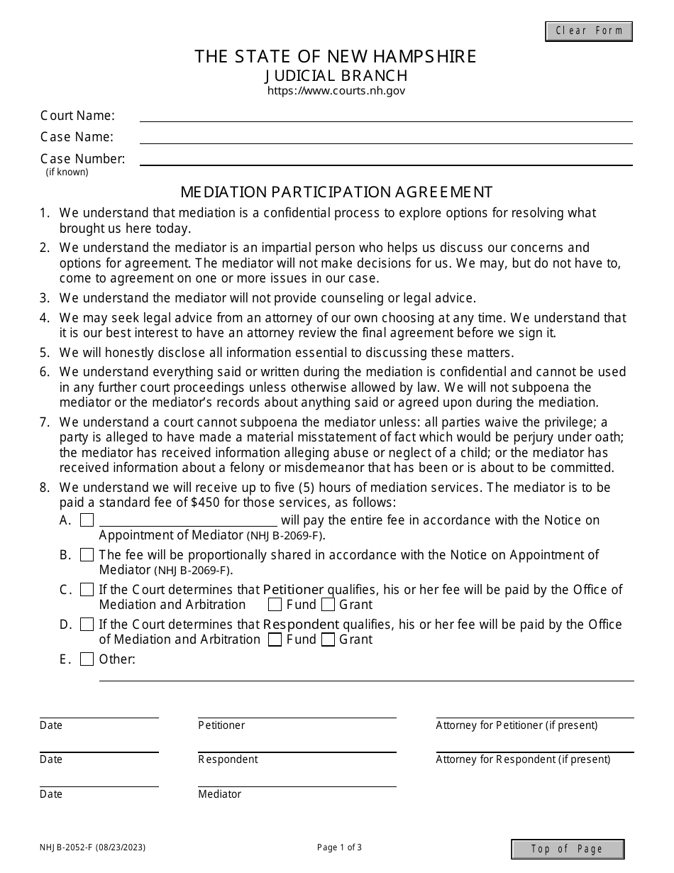 Form NHJB-2052-F Mediation Participation Agreement - New Hampshire, Page 1