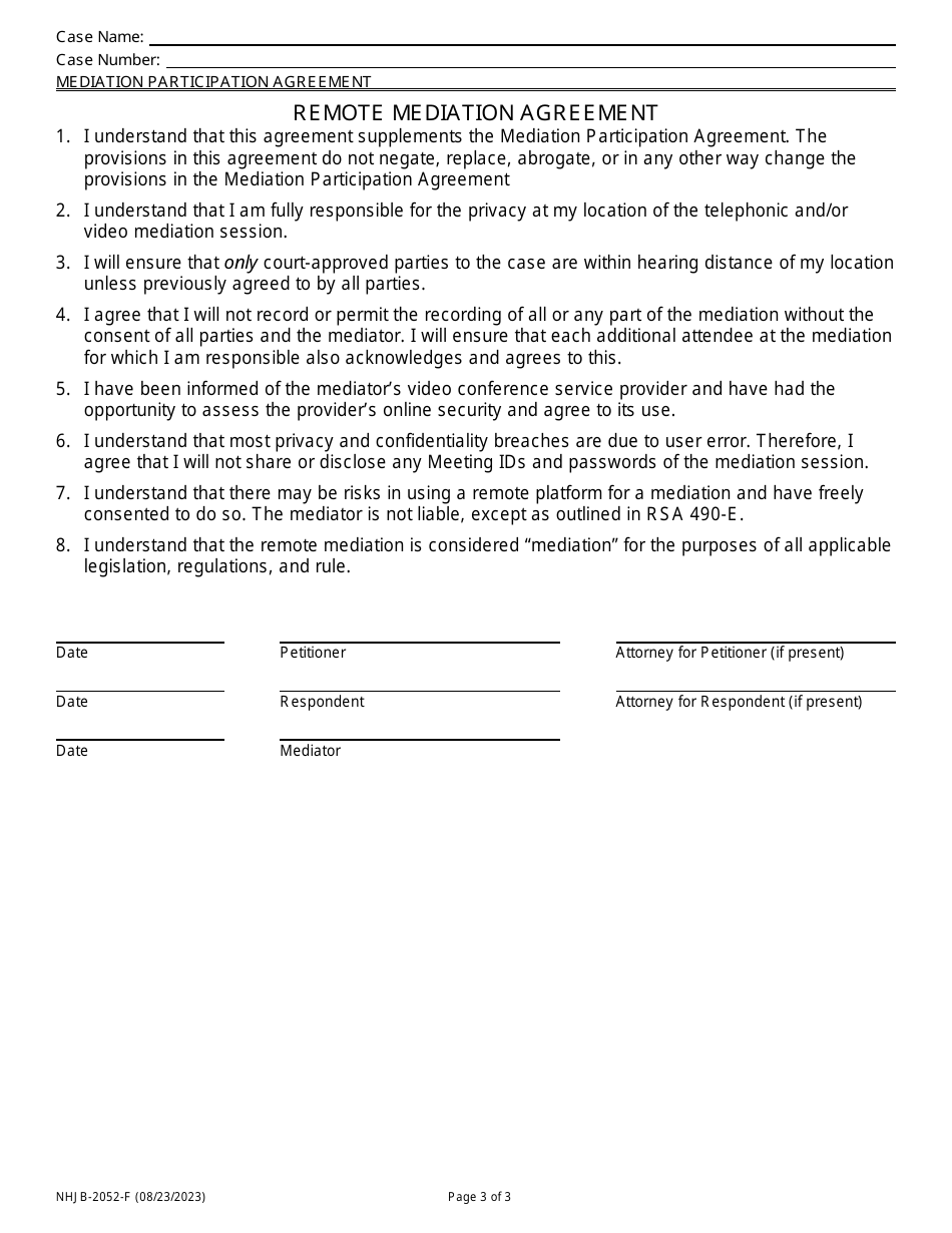 Form NHJB-2052-F Mediation Participation Agreement - New Hampshire, Page 3