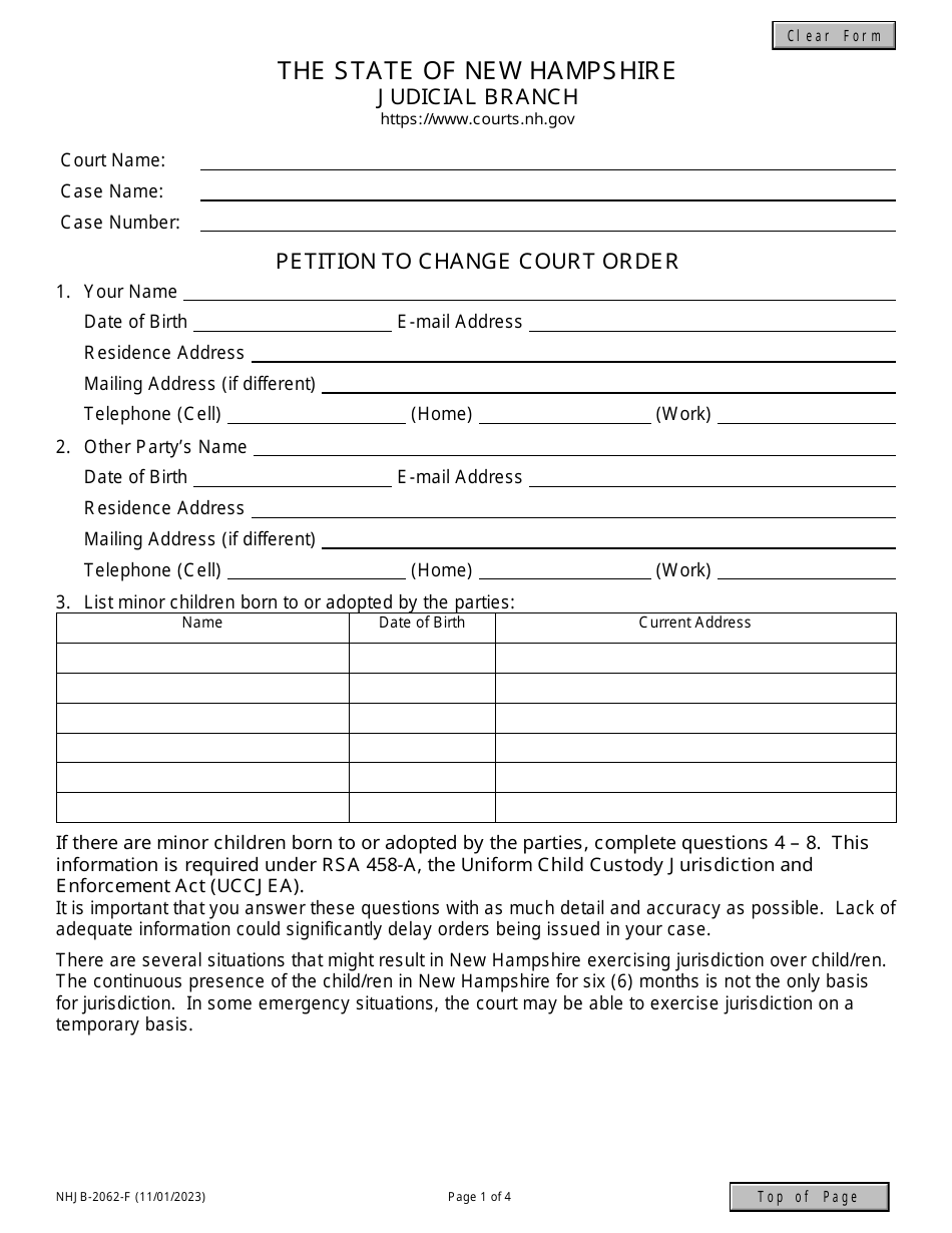Form NHJB-2062-F Petition to Change Court Order - New Hampshire, Page 1