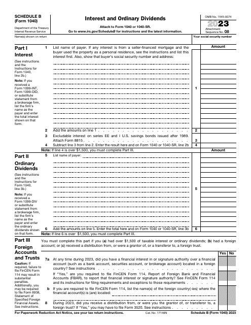 IRS Form 1040 Schedule B Interest and Ordinary Dividends, 2023