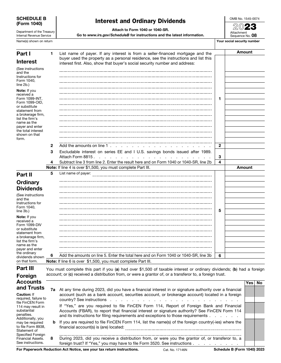 IRS Form 1040 Schedule B Download Fillable PDF or Fill Online Interest ...