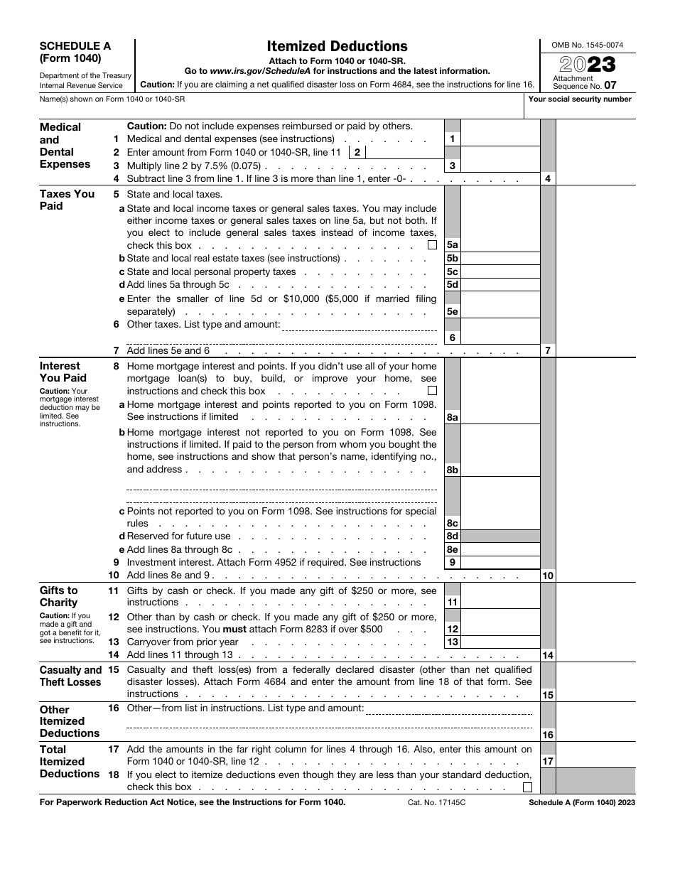 IRS Form 1040 Schedule A Download Fillable PDF or Fill Online Itemized