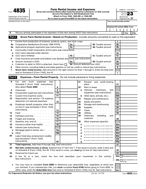 IRS Form 4835 Farm Rental Income and Expenses (Crop and Livestock Shares (Not Cash) Received by Landowner (Or Sub-lessor)), 2023
