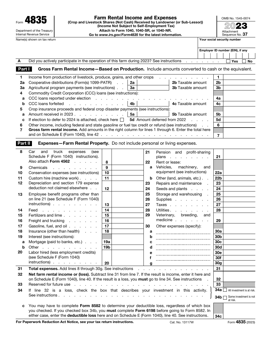 IRS Form 4835 Farm Rental Income and Expenses (Crop and Livestock Shares (Not Cash) Received by Landowner (Or Sub-lessor)), Page 1