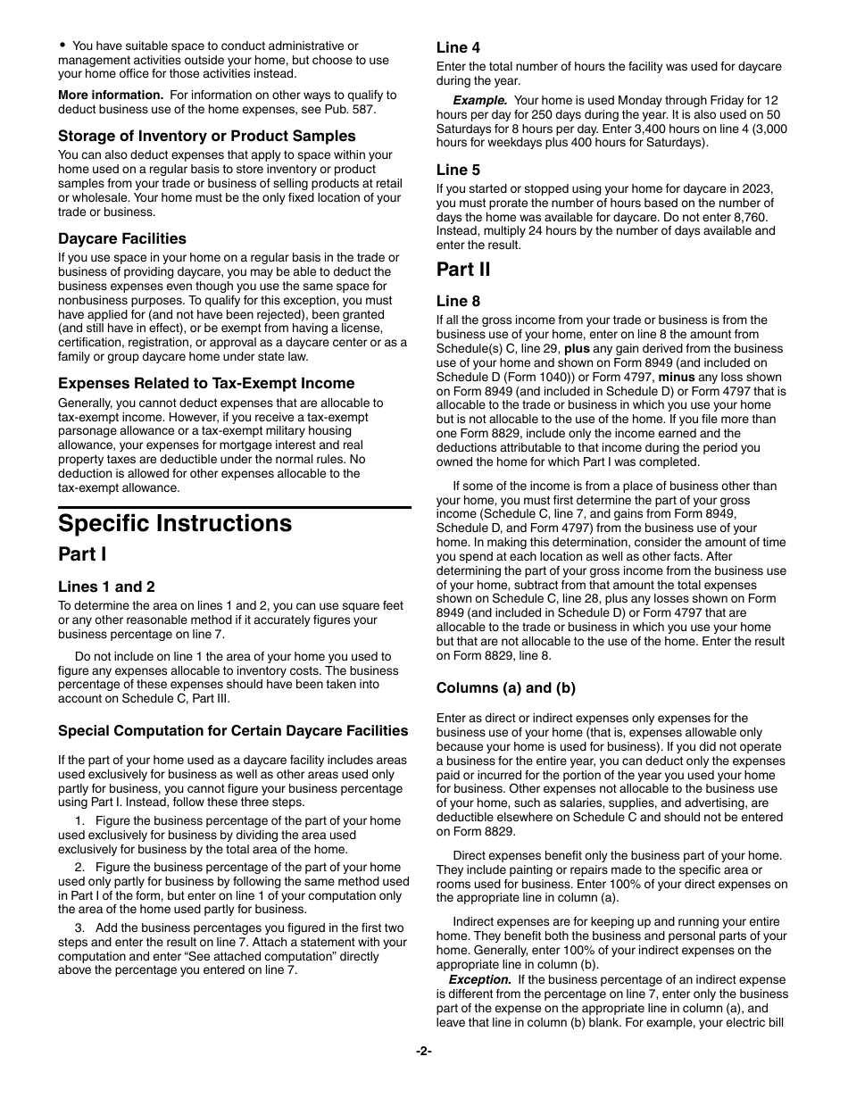 Instructions for IRS Form 8829 Expenses for Business Use of Your Home, Page 2