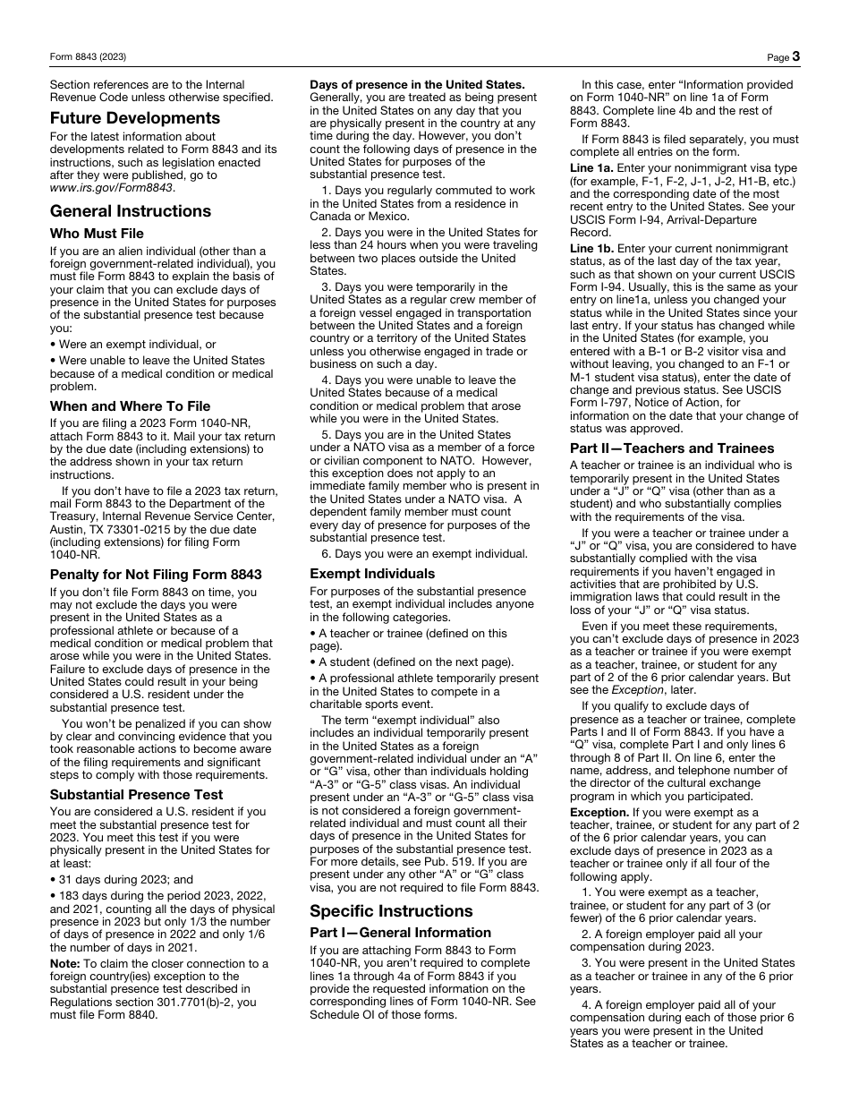 IRS Form 8843 Statement for Exempt Individuals and Individuals With a Medical Condition, Page 3