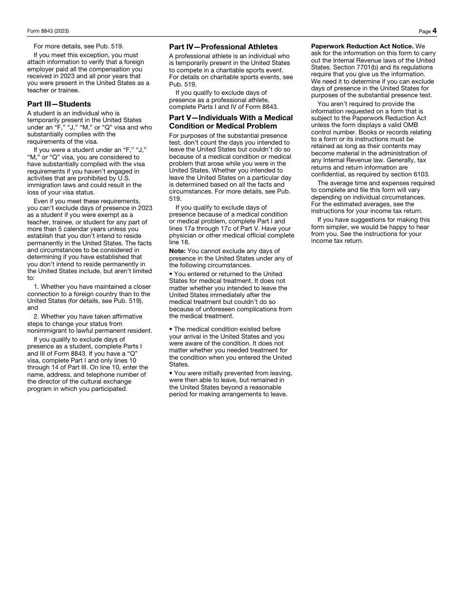 IRS Form 8843 Statement for Exempt Individuals and Individuals With a Medical Condition, Page 4