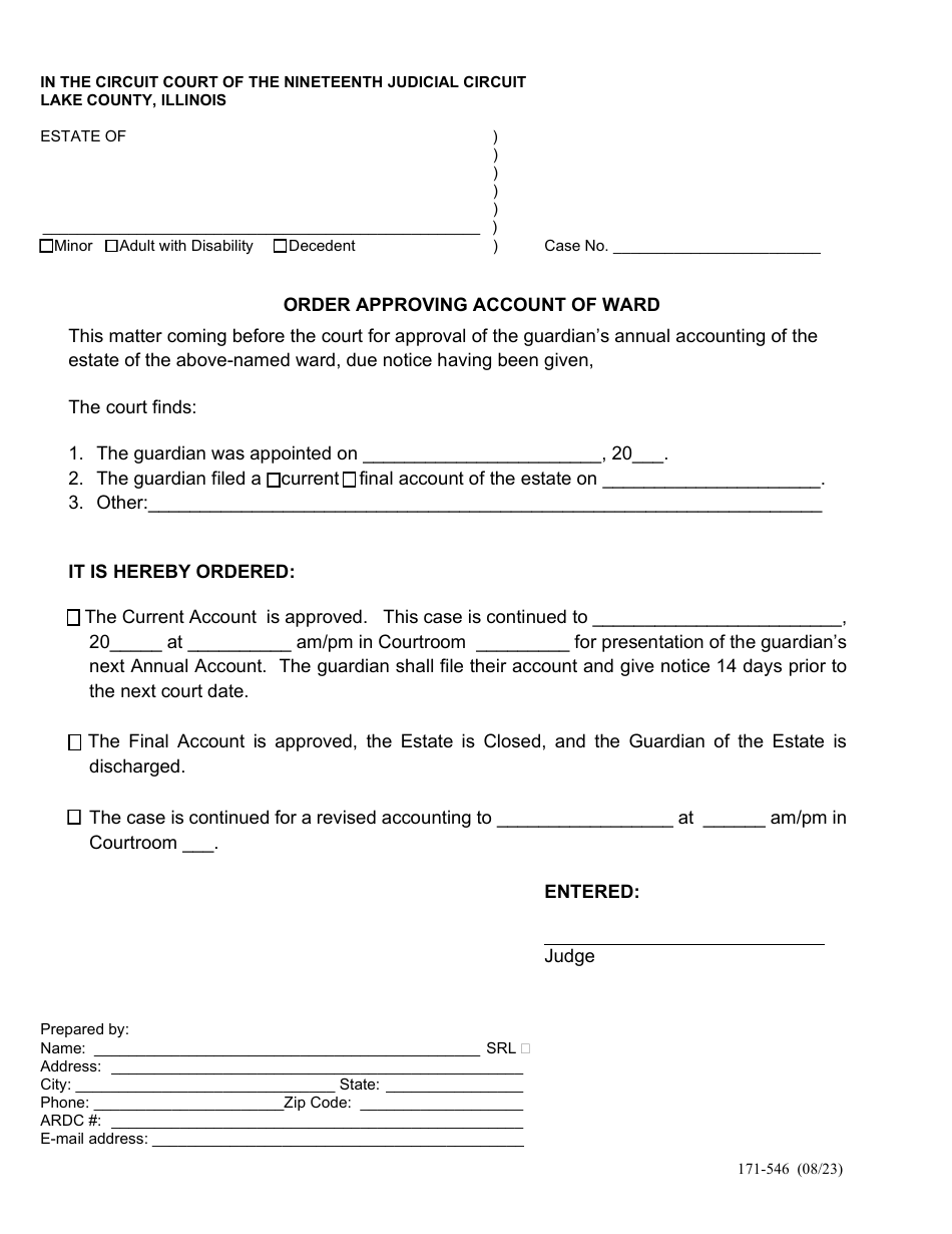 Form 171-546 Order Approving Account of Ward - Lake County, Illinois, Page 1