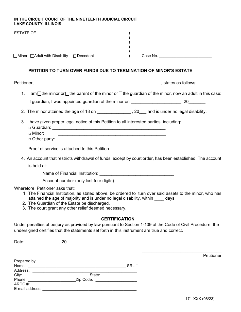 Form 171-XXX Petition to Turn Over Funds Due to Termination of Minors Estate - Lake County, Illinois, Page 1