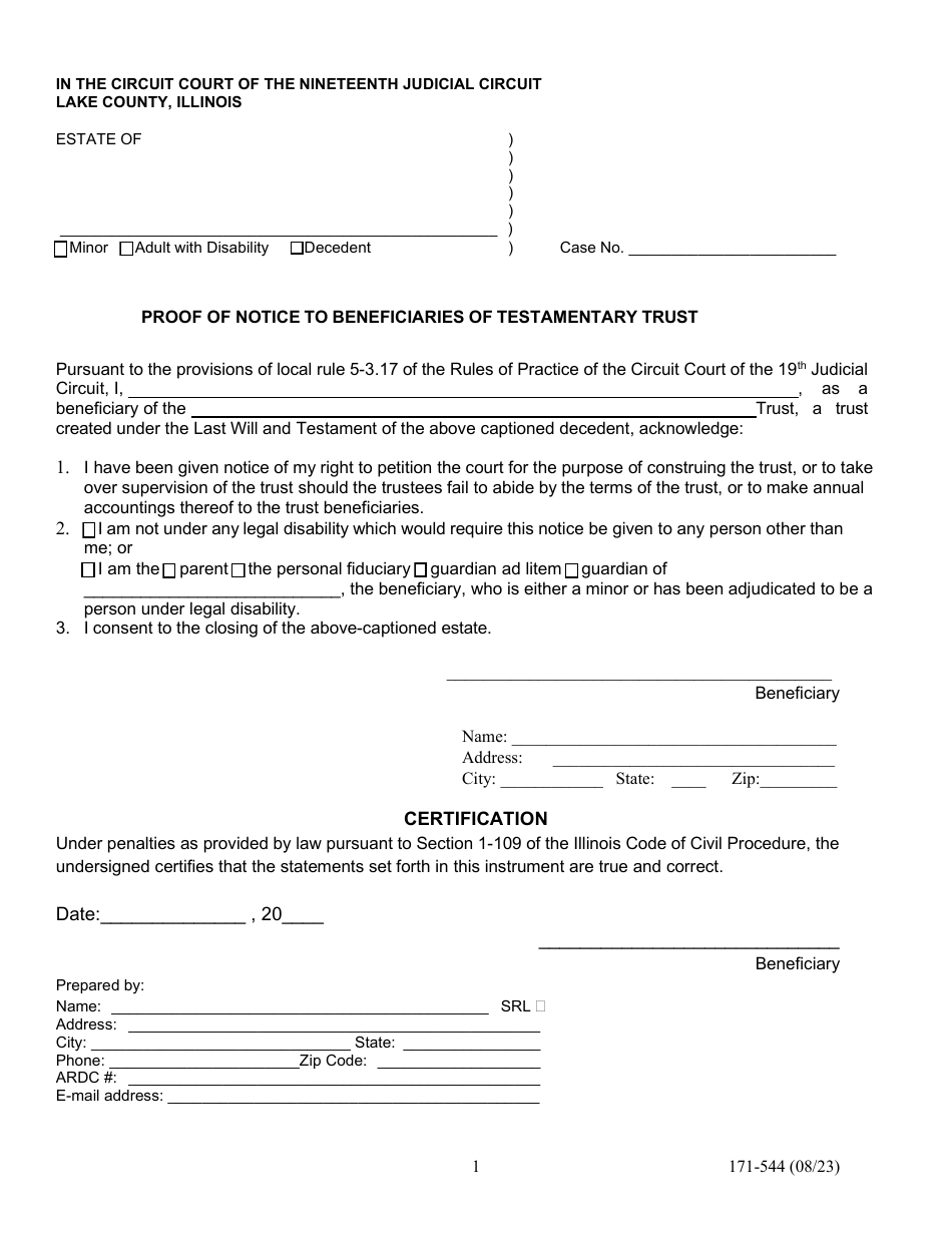 Form 171-544 Proof of Notice to Beneficiaries of Testamentary Trust - Lake County, Illinois, Page 1