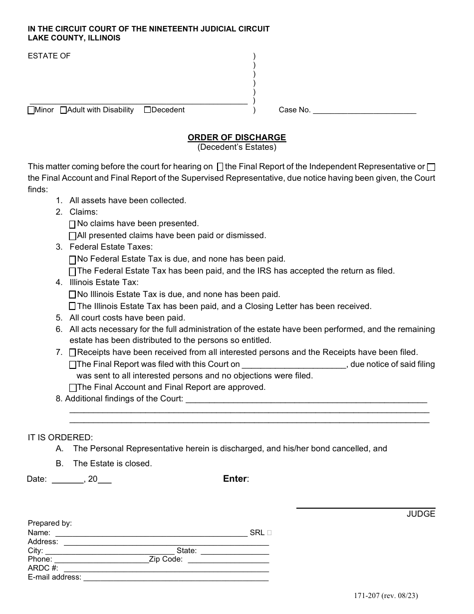 Form 171-207 Order of Discharge (Decedents Estates) - Lake County, Illinois, Page 1
