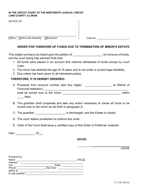 Form 171-545 Order for Turnover of Funds Due to Termination of Minor's Estate - Lake County, Illinois