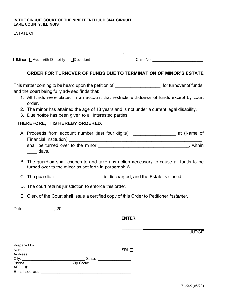 Form 171-545 Order for Turnover of Funds Due to Termination of Minors Estate - Lake County, Illinois, Page 1