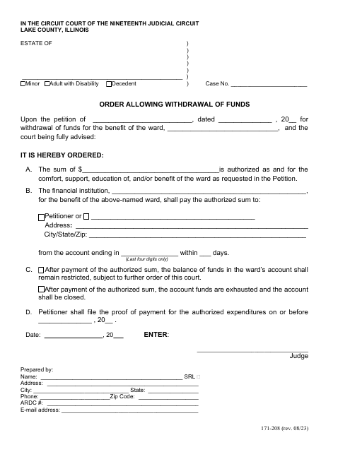 Form 171-208 Order Allowing Withdrawal of Funds - Lake County, Illinois