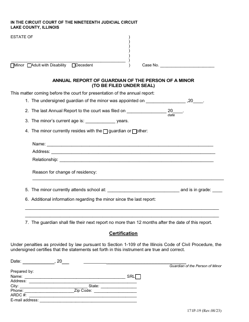 Form 171P-19 Annual Report of Guardian of the Person of a Minor - Lake County, Illinois