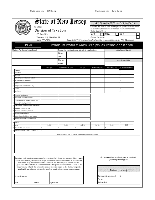Form PPT-20 Petroleum Products Gross Receipts Tax Refund Application - 4th Quarter - New Jersey, 2023