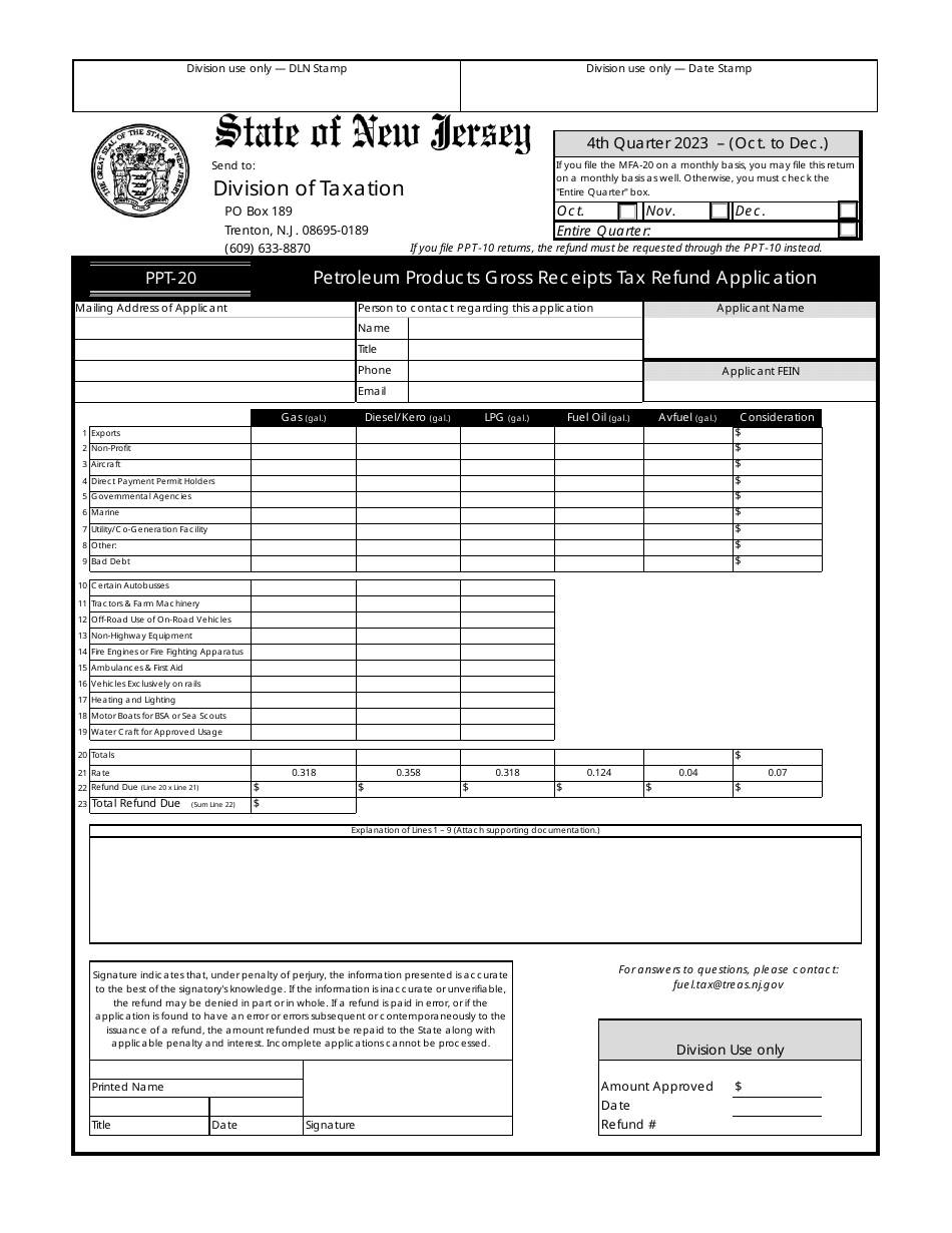 Form PPT-20 Petroleum Products Gross Receipts Tax Refund Application - 4th Quarter - New Jersey, Page 1