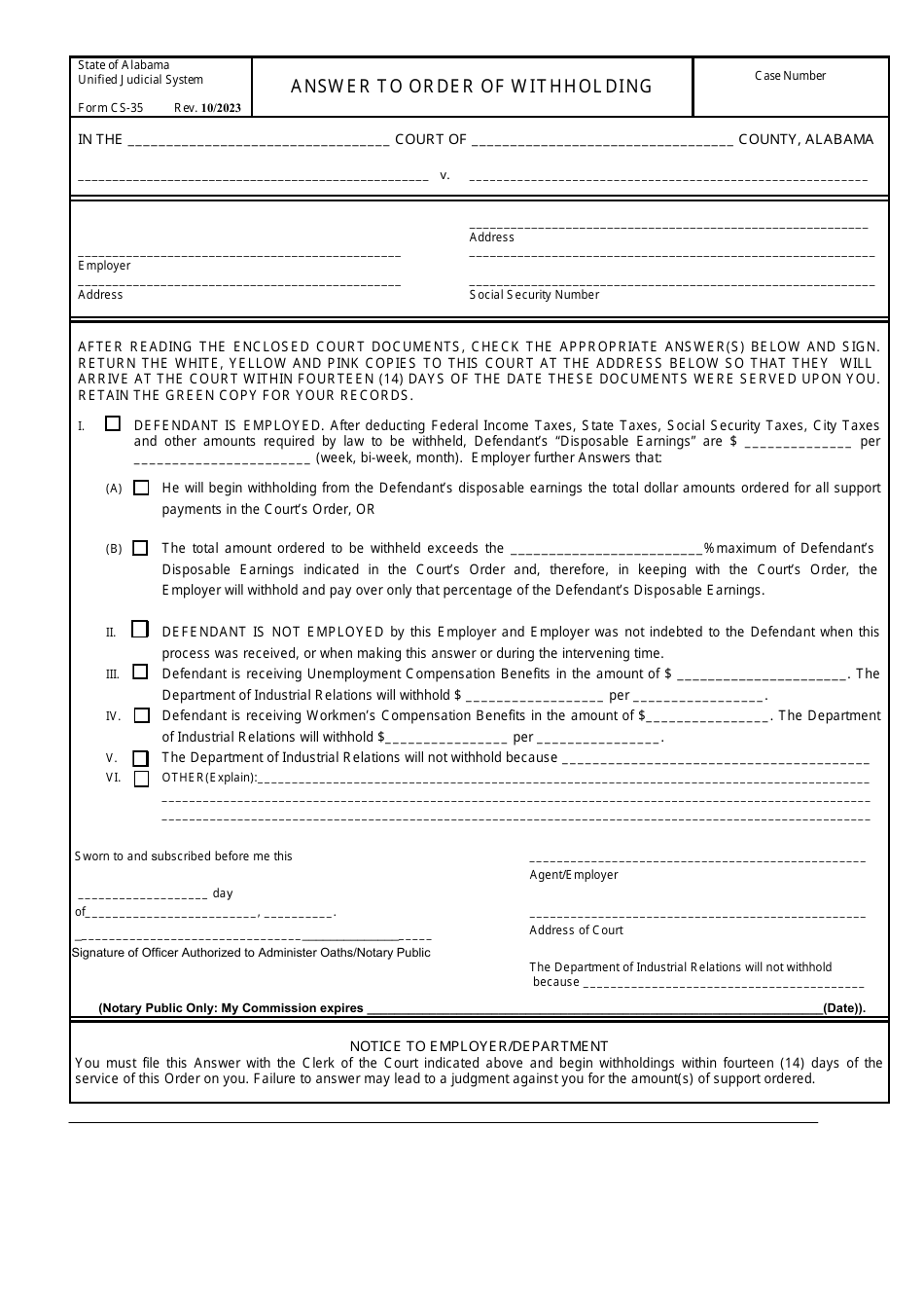 Form Cs 35 Download Fillable Pdf Or Fill Online Answer To Order Of Withholding Alabama 8911