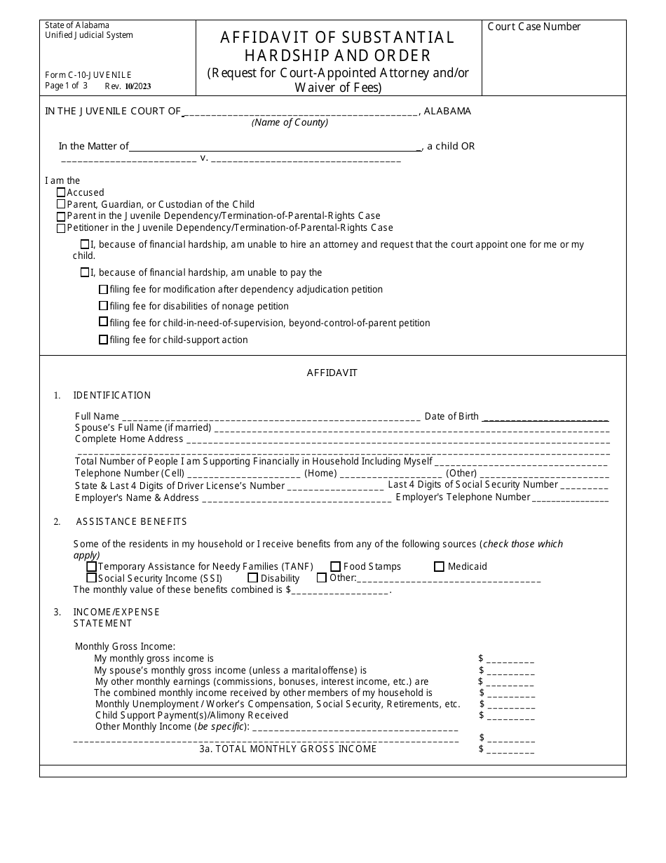 Form C-10-JUVENILE Affidavit of Substantial Hardship and Order (Request for Court-Appointed Attorney and / or Waiver of Fees) - Alabama, Page 1