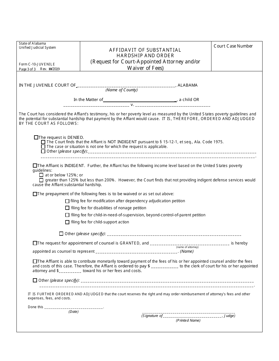 Form C 10 Juvenile Download Fillable Pdf Or Fill Online Affidavit Of Substantial Hardship And 9616