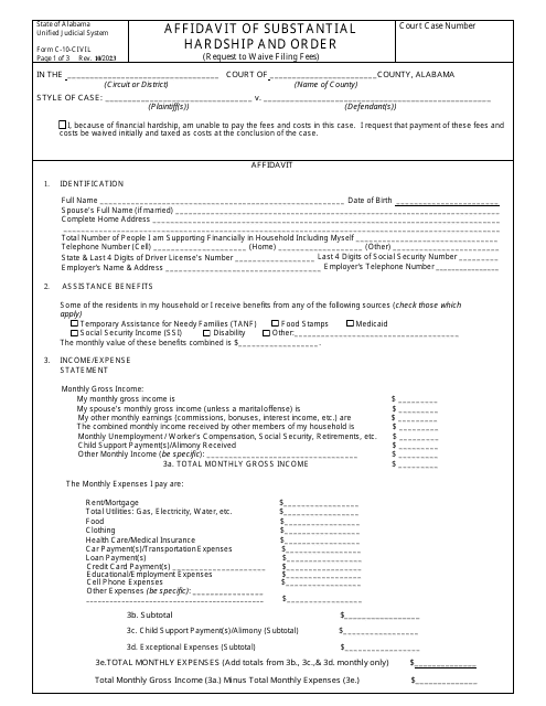 Form C-10-CIVIL Affidavit of Substantial Hardship and Order - Alabama