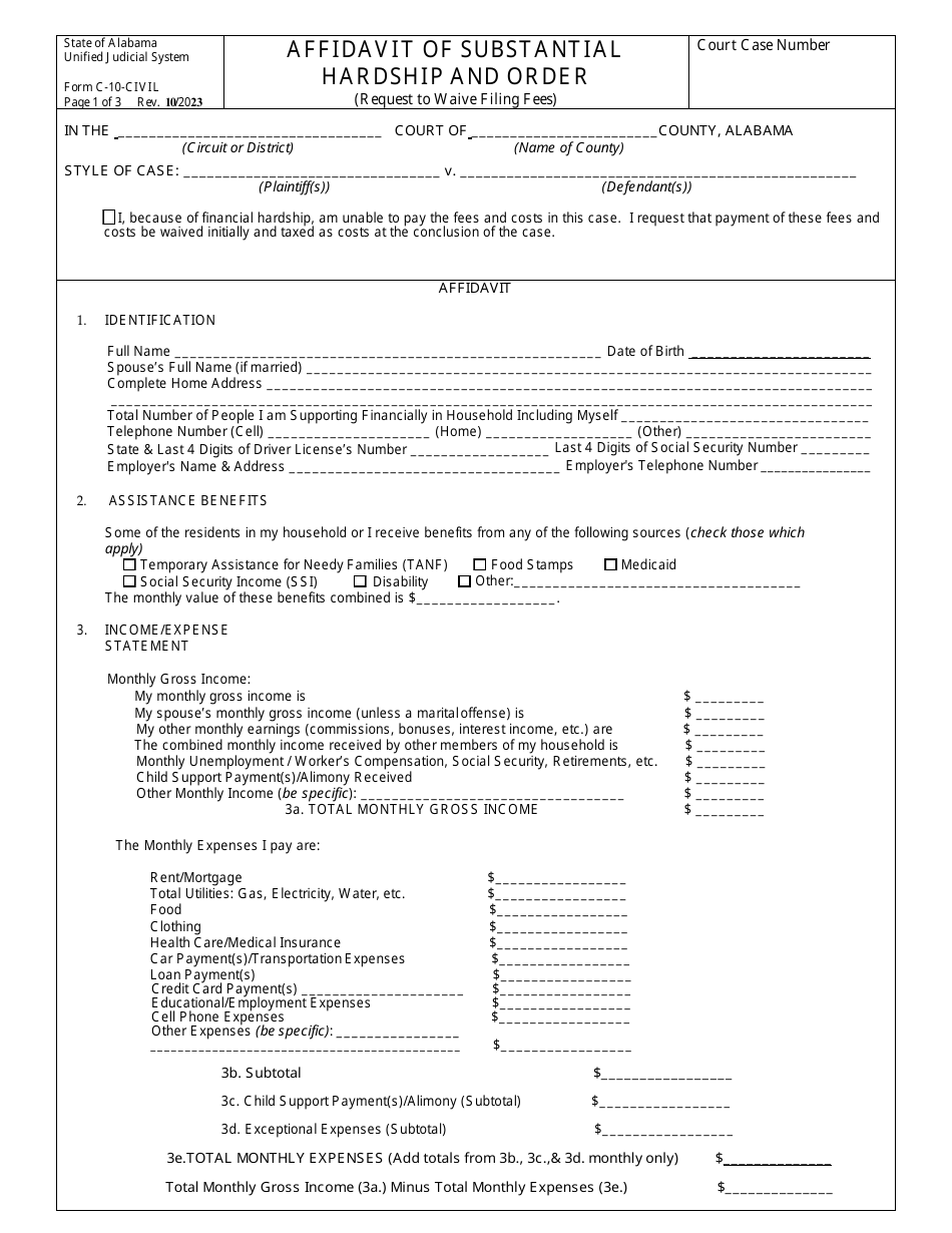 Form C-10-CIVIL Affidavit of Substantial Hardship and Order - Alabama, Page 1
