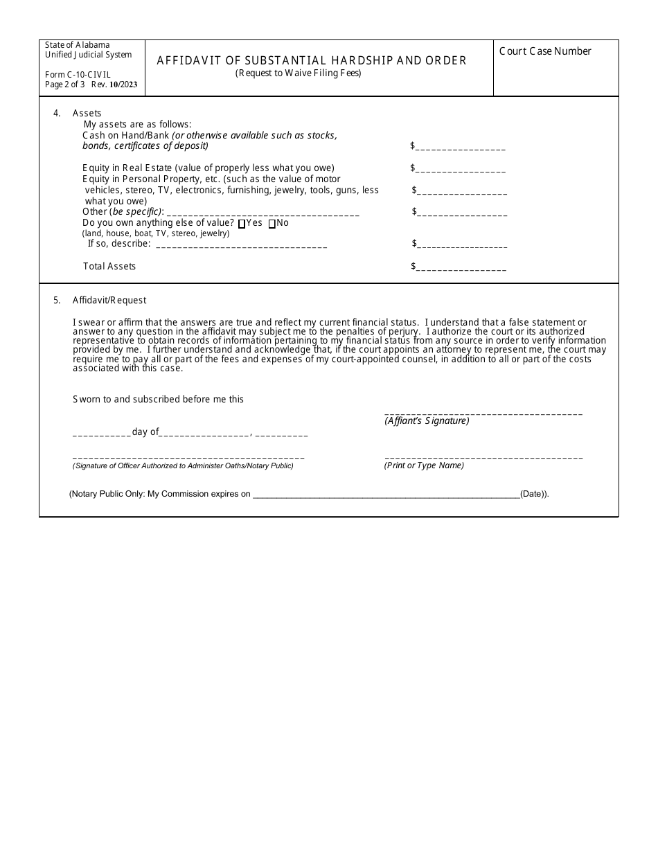 Form C 10 Civil Download Fillable Pdf Or Fill Online Affidavit Of Substantial Hardship And Order 5887